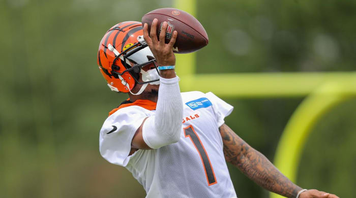 Jun 7, 2022; Cincinnati, OH, USA; Cincinnati Bengals wide receiver Ja Marr Chase (1) runs drills during minicamp at the Paul Brown Stadium practice fields.